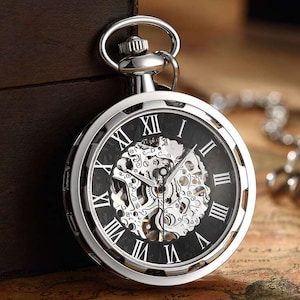 Pocket Watch Chain Box Open Face Skeleton Vintage Mechanical Pocket Watches Man Silver Black Steampunk Taschenuhr Montre Gousset De Poche