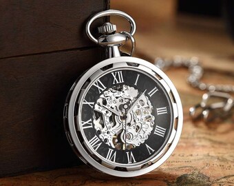 Montre de poche chaîne boîte visage squelette vintage montres de poche mécaniques homme argent noir Steampunk Taschenuhr Montre Gousset De Poche