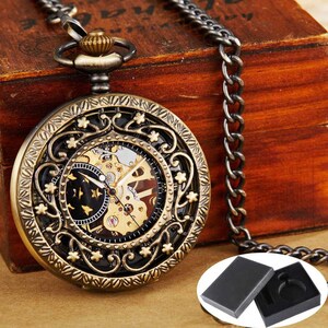 Montre de poche homme cadeau anniversaire mariage huissier d'honneur noël montres de poche Royaume-Uni cadeau chaîne steampunk bronze demi chasseur image 4