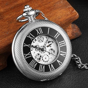 Pocket Watch Chain Box Half Hunter Skeleton Vintage Mechanical Pocket Watches Man Silver Black Steampunk Taschenuhr Montre Gousset De Poche