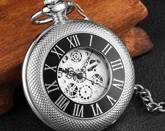 Pocket Watch Chain Box Half Hunter Skeleton Vintage Mechanical Pocket Watches Man Silver Black Steampunk Taschenuhr Montre Gousset De Poche