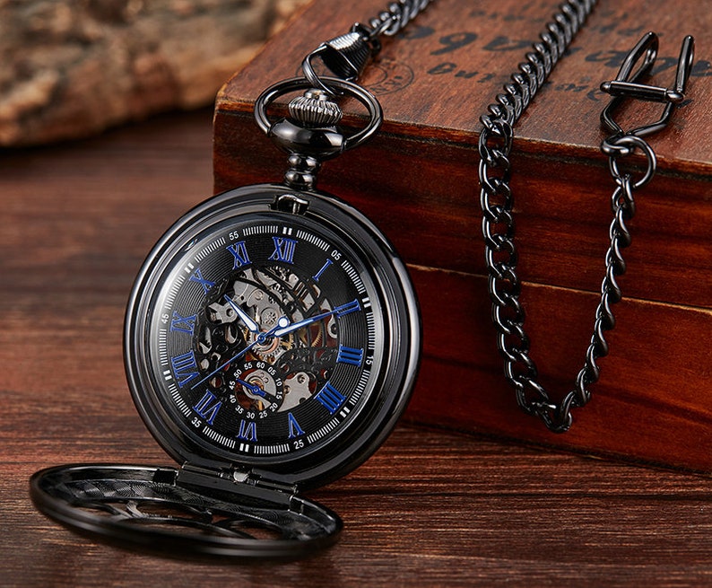 Pocket Watch Chain Box Half Hunter Skeleton Vintage Antique Mechanical Pocket Watches Man Blue Black Steampunk Ladies  Automatic Taschenuhr Herren Mechanisch Montre Gousset Homme Montre De Poche Reloj De Bolsillo Zakhorloge Orologio Da Taschino UK