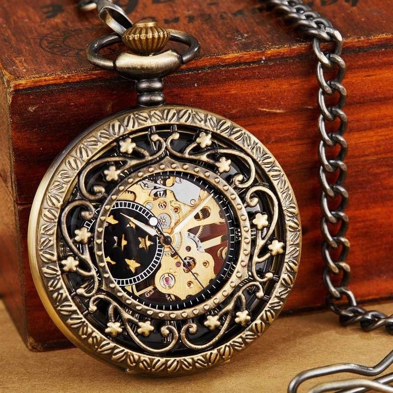 Montre de poche homme cadeau anniversaire mariage huissier d'honneur noël montres de poche Royaume-Uni cadeau chaîne steampunk bronze demi chasseur image 1