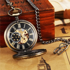 Montre de poche homme cadeau anniversaire mariage huissier d'honneur noël montres de poche Royaume-Uni cadeau chaîne steampunk bronze demi chasseur image 2