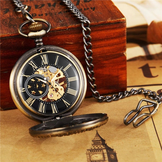 Reloj de bolsillo mecánico doble cazador de oro, Oro, Tradicional