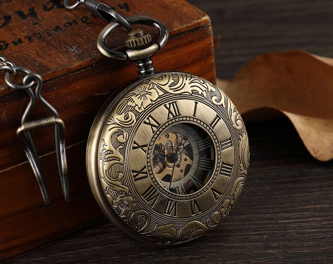 Pocket Watch Chain Box Double Half Hunter Skeleton Vintage Mechanical Pocket Watches Man Bronze Steampunk Taschenuhr Montre Gousset De Poche