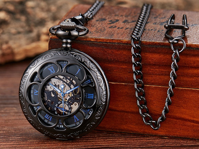 Pocket Watch Chain Box Half Hunter Skeleton Vintage Antique Mechanical Pocket Watches Man Blue Black Steampunk Ladies  Automatic Taschenuhr Herren Mechanisch Montre Gousset Homme Montre De Poche Reloj De Bolsillo Zakhorloge Orologio Da Taschino UK