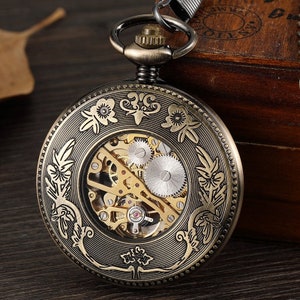 Pocket Watch Chain Box Half Hunter Skeleton Vintage Antique Mechanical Pocket Watches Man Bronze Green Steampunk Ladies Automatic Taschenuhr Herren Mechanisch Montre Gousset Homme Montre De Poche Reloj De Bolsillo Zakhorloge Orologio Da Taschino UK