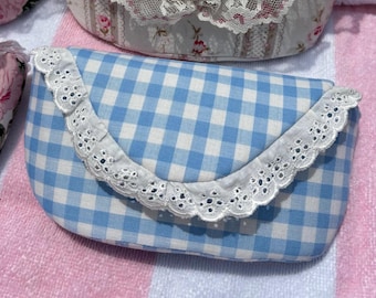 Sunglasses Eyeglass Case- Cottagecore blue gingham - vintage gingham, vintage lace trim, and vintage lining.