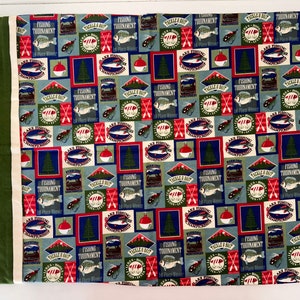 Gone Fishing pillowcase with various fish and tackle gear sold individually.