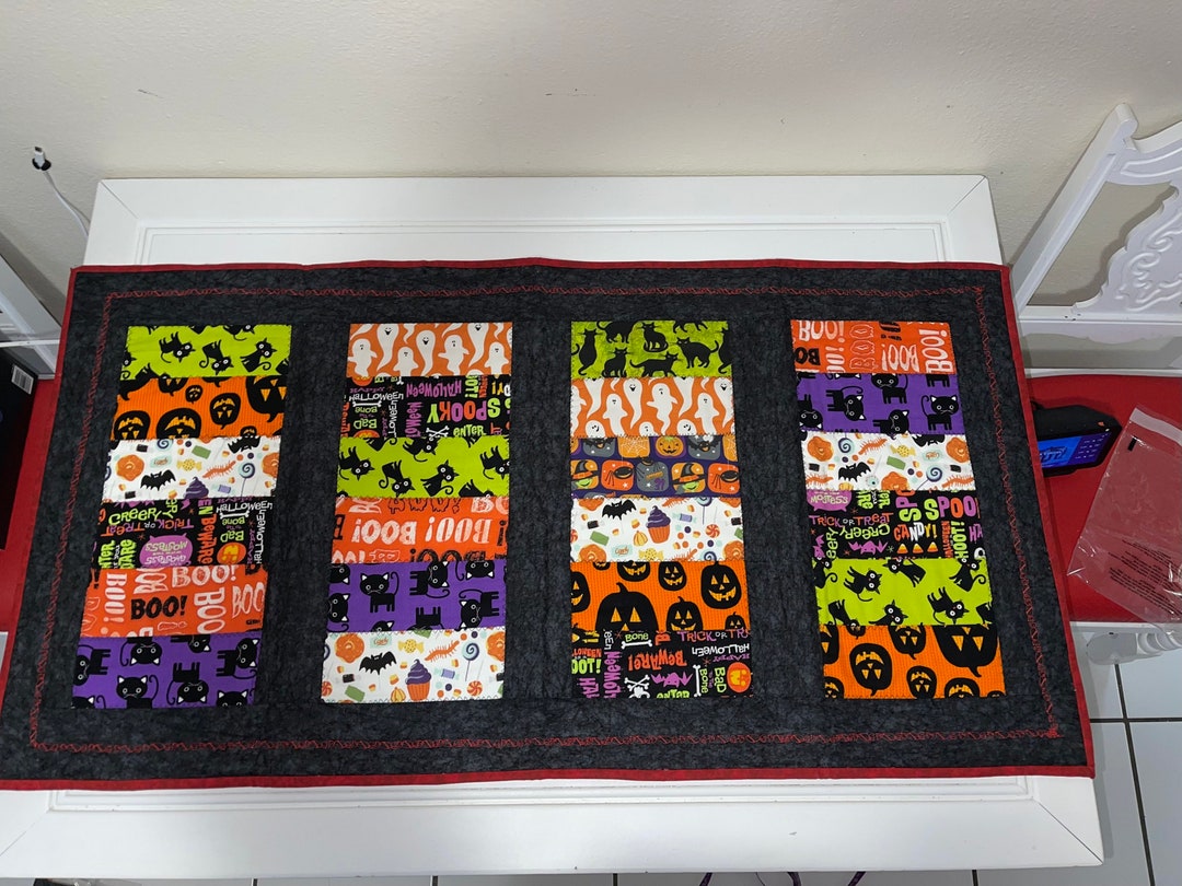 Halloween Table Runner Quilted - Square Blocked Mixed Fabrics With ...