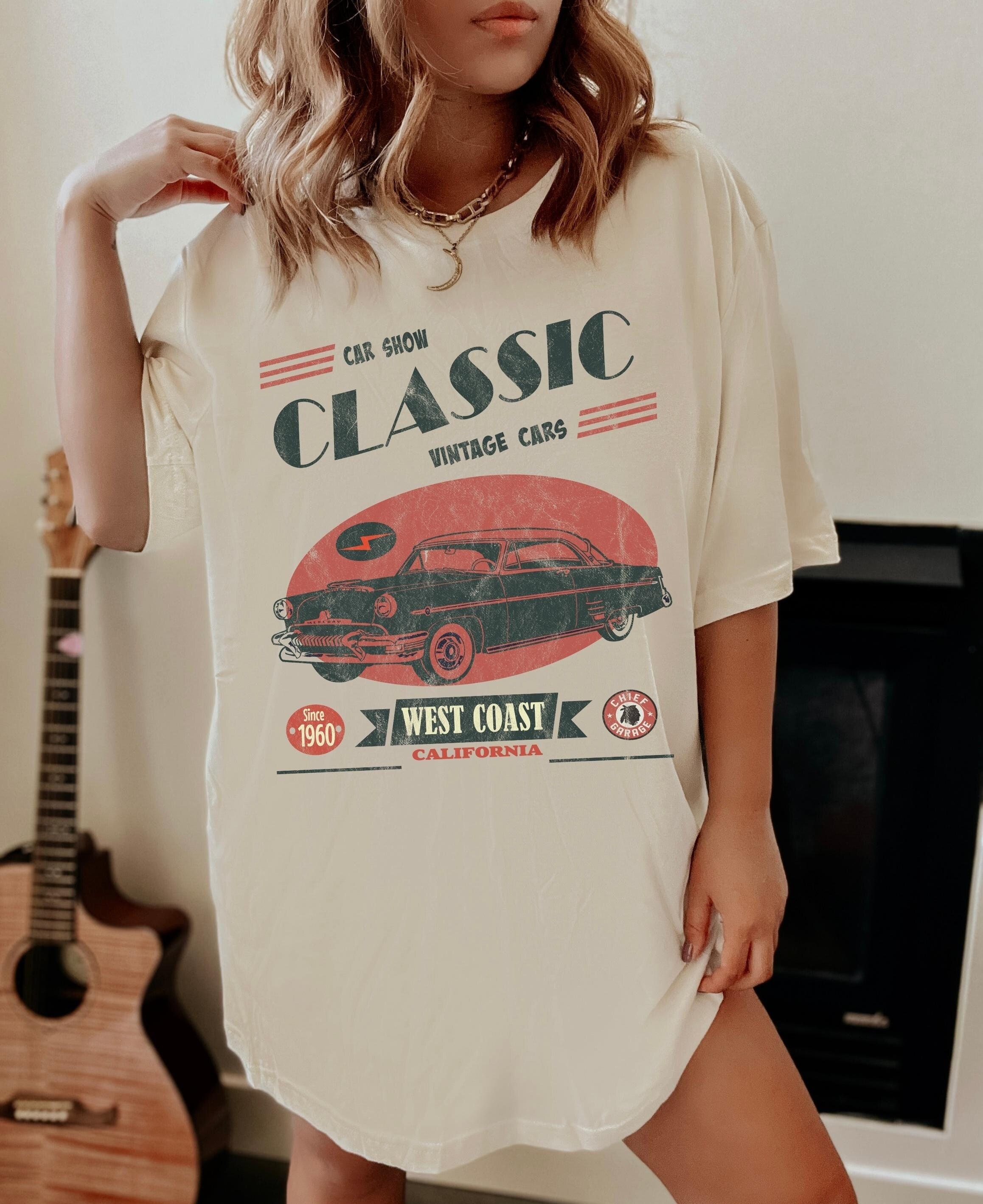 【U LAN】Vintage carwash print loose short sleeve Classic Car Show West Coast Vintage Car | Personalized Gift