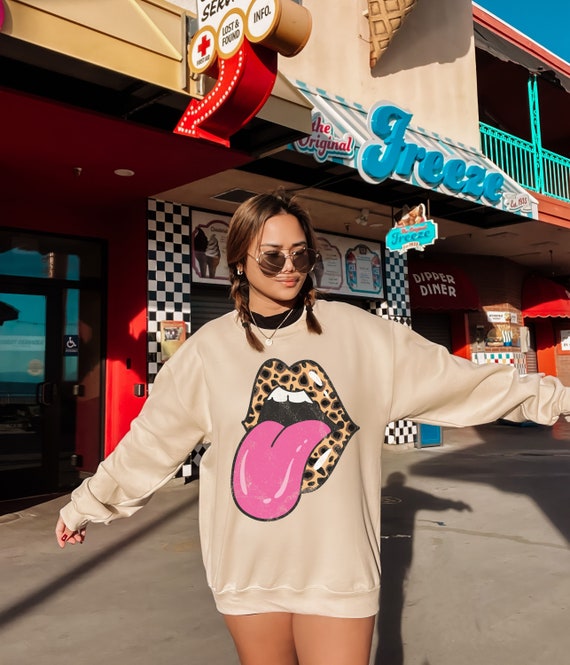 Leopard Lips Tongue Out Rolling Stone Rock and Roll Animal Print Cheetah Personalized Gift Graphic Unisex Heavy Blend Crewneck Sweatshirt Etsy