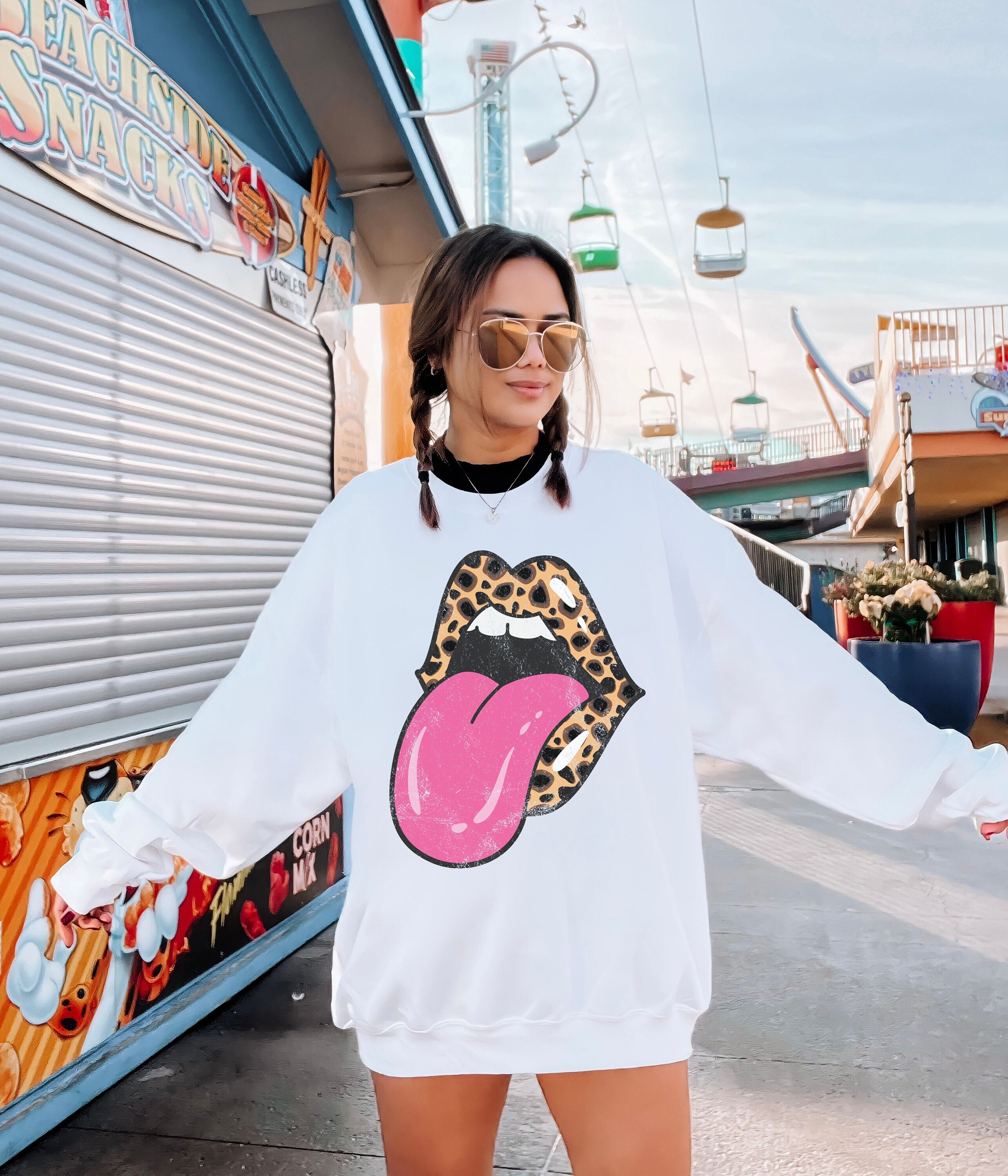Leopard Lips Tongue Out Rolling Stone Rock and Roll Animal Print Cheetah Personalized Gift Graphic Unisex Heavy Blend Crewneck Sweatshirt Etsy