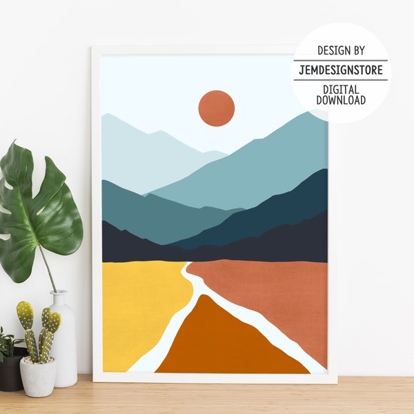 Abstract landscape printable wall art, Mid Century Modern Gallery, Mountain Wall decor for bedroom, Living room decor,