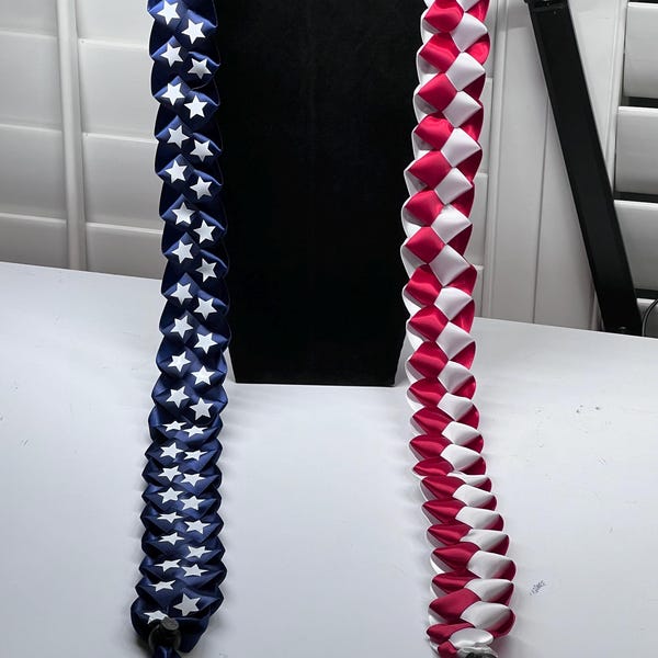 Graduation Lei: USA Flag Ribbon, Red White and Blue