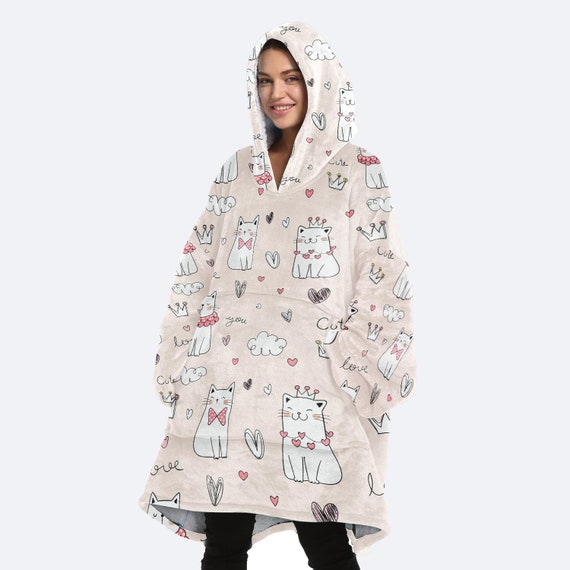 Cute Lovely White Cat Pattern OVERSIZED BLANKET HOODIE Adults Etsy