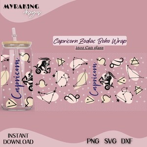 May include: A clear 16oz can glass with a bamboo lid and straw. The glass features a Capricorn Zodiac Boho Wrap design with constellations and Capricorn symbols in black and cream against a pink background. The word "Capricorn" is written vertically on the glass.