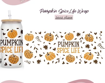 Pumpkin Spice Life 16oz Libbey Can Glass SVG, Fall Pumpkin 16oz Glass Can pNG, Thanksgiving SVG Coffee Can Glass Wrap, Digital Download.