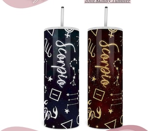 Bicchiere sottile da 20 once con glitter dorato e argento, segno zodiacale Scorpione, PNG, simbolo zodiacale, bicchiere oroscopo, disegni astrologici, download digitale