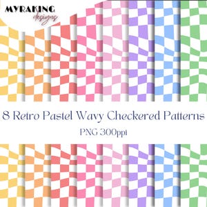 May include: Eight retro pastel wavy checkered patterns in shades of yellow, orange, pink, purple, blue, and green. The patterns are arranged vertically with a white backdrop. The text "8 Retro Pastel Wavy Checkered Patterns" is displayed below the patterns.