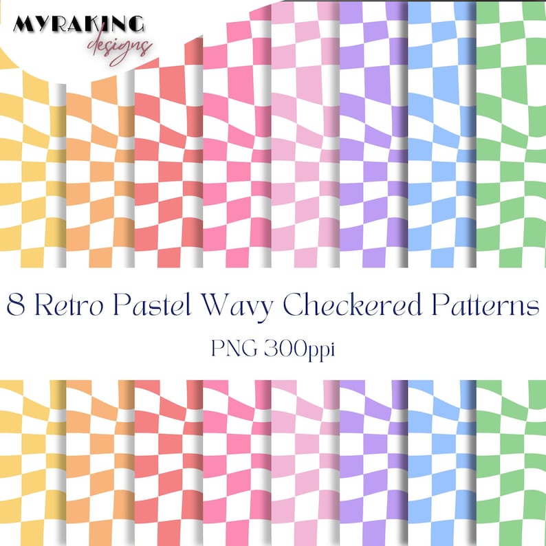 Retro Wavy Checkered Pastel PNG Bundle, Checkerboard Printable ...