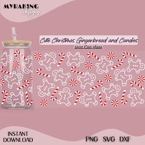 Lebkuchen süße 16 Unzen Libbey Dose Glas SVG Wrap, Weihnachten Libbey Glas, süße Lebkuchen Zuckerstange, Dateien für Cricut, digitaler Download.