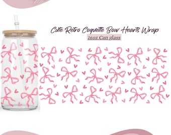 Coquette rose noeud coeur 16 oz Libbey Glass peut envelopper PNG, Coquette rétro esthétique ruban PNG, Vichy féminin doux, téléchargement numérique Girly.