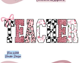 Söt ROSA kokett med rutig leopardmotiv, PNG, sublimering av rosett och rutig skjorta, trendig glitter-PNG, digital nedladdning.