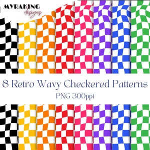 Retro Wavy Checkered PNG Bundle, Checkerboard Printable Background Checker Grid Scrapbook, Png sublimation, Seamless Pattern Set Of 8