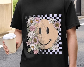 Retro Smiley Face Floral Checkered PNG, Smiley Floral, Retro Flowers Png, Motivational Png, Self Love Png, Retro Pink Png, Digital Download