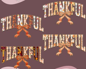 Könnte beinhalten: Vier "Thankful" Designs mit Retro-Glitzer-Effekt und Coquette-Schleifen. Das Wort "Thankful" ist in einer Schriftart im College-Stil mit einem Karomuster und Herbstblättern gehalten. Jedes Design hat eine pfirsichfarbene Schleife. Die Wörter "Instant Download" und "PNG Only" sind ebenfalls sichtbar.
