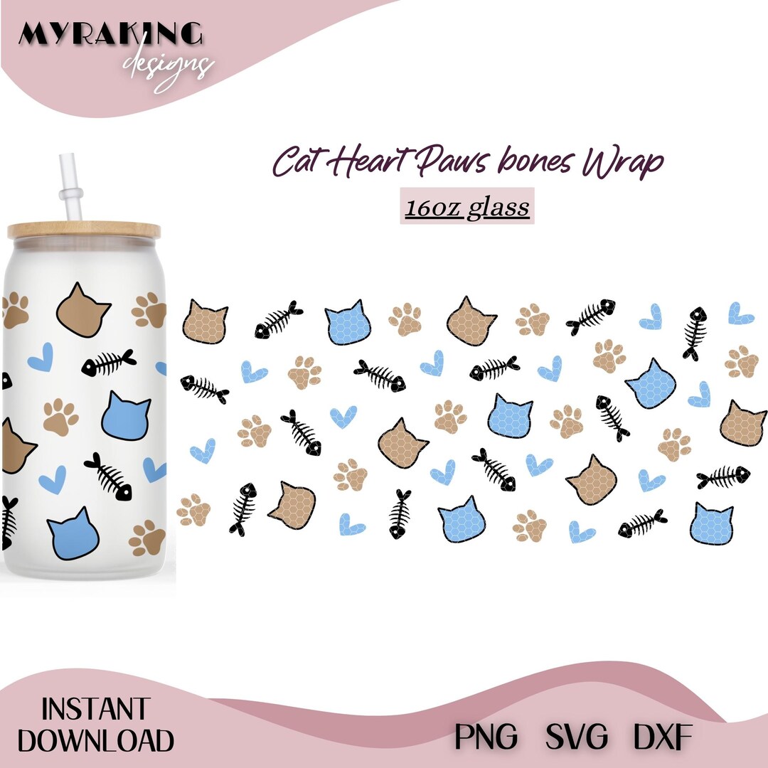 Cat Pattern 16oz Libbey Glass Can Svg, Cat Print Wrap Svg, Animal ...