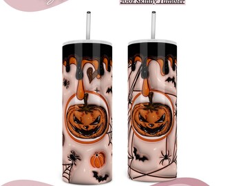 3D Inflated Dripping Spooky Vibes Scary Pumpkin Inspired 20oz Skinny Tumbler PNG, Spooky Season Puff Pumpkin Png, 3D Halloween PNG.
