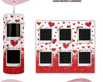 Photo Red Glitter Hearts 20oz Skinny Tumbler PNG, Love Valentines Day, Sublimation Wrap Png Digital Download, Polaroid Photo DIY Tumbler.