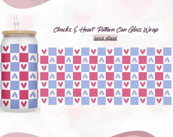Checks and Heart Pattern 16oz Libbey Glass Can Tumbler PNG - Valentine Love Tumbler Wrap - Red Heart's Sublimation Design - Instant Download