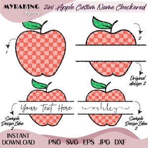 Peut inclure: Conception numérique avec des formes de pommes à carreaux rouges et blancs et des feuilles vertes. Comprend des options pour le placement de texte personnalisé. La conception comprend également le texte "Your Text Here" et "Ashley". Les mots "Téléchargement instantané" et les formats de fichiers sont également inclus.