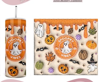 Bicchiere sottile da 20 once con vibrazioni spettrali gonfiate in 3D in formato PNG, bicchiere zucca gonfia in 3D con stampa a sublimazione per Halloween, bicchiere fantasma in 3D con download digitale.