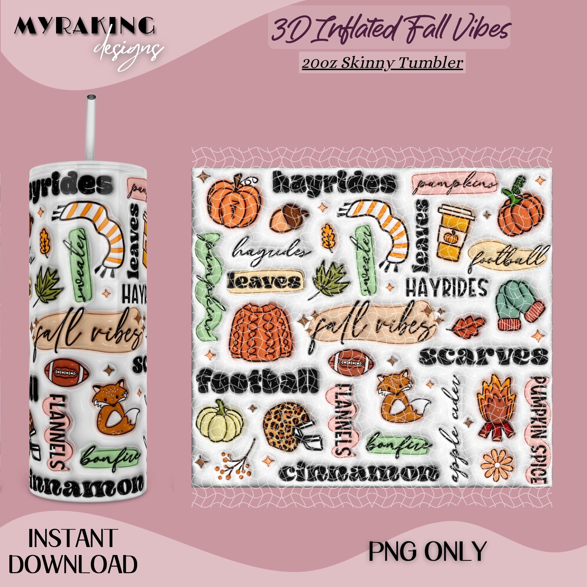 Vaso inflado delgado 3D Fall Vibes de 20 oz PNG, vaso inflado Fall Vibes, sublimación inflada retro de otoño, diseño de calabaza inflada de 20 oz.