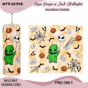 May include: A 20oz skinny tumbler featuring a design with Oogie Boogie, Jack Skellington, pumpkins, bats, dice, and spiderwebs. The tumbler has a marble-like background and the text "Dogie Boogie w Jack Skellington".