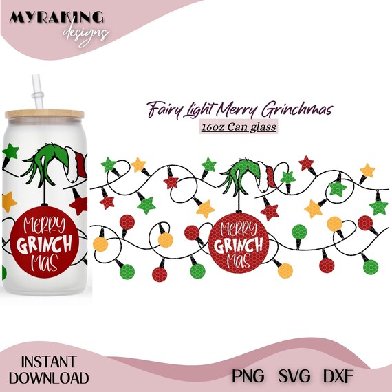 Lichterkette Merry Grinch 16oz Libbey Glasdose Wrap SVG, Weihnachtslichter 16oz Glasdose Png, Weihnachtslichter SVG PNG Digital Download