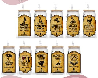 Etiquetas vintage de Halloween, vaso de vidrio Libbey de 16 oz, paquete PNG, sublimación, bruja, lata de café, vaso PNG, lata de cerveza, vaso PNG, descarga digital