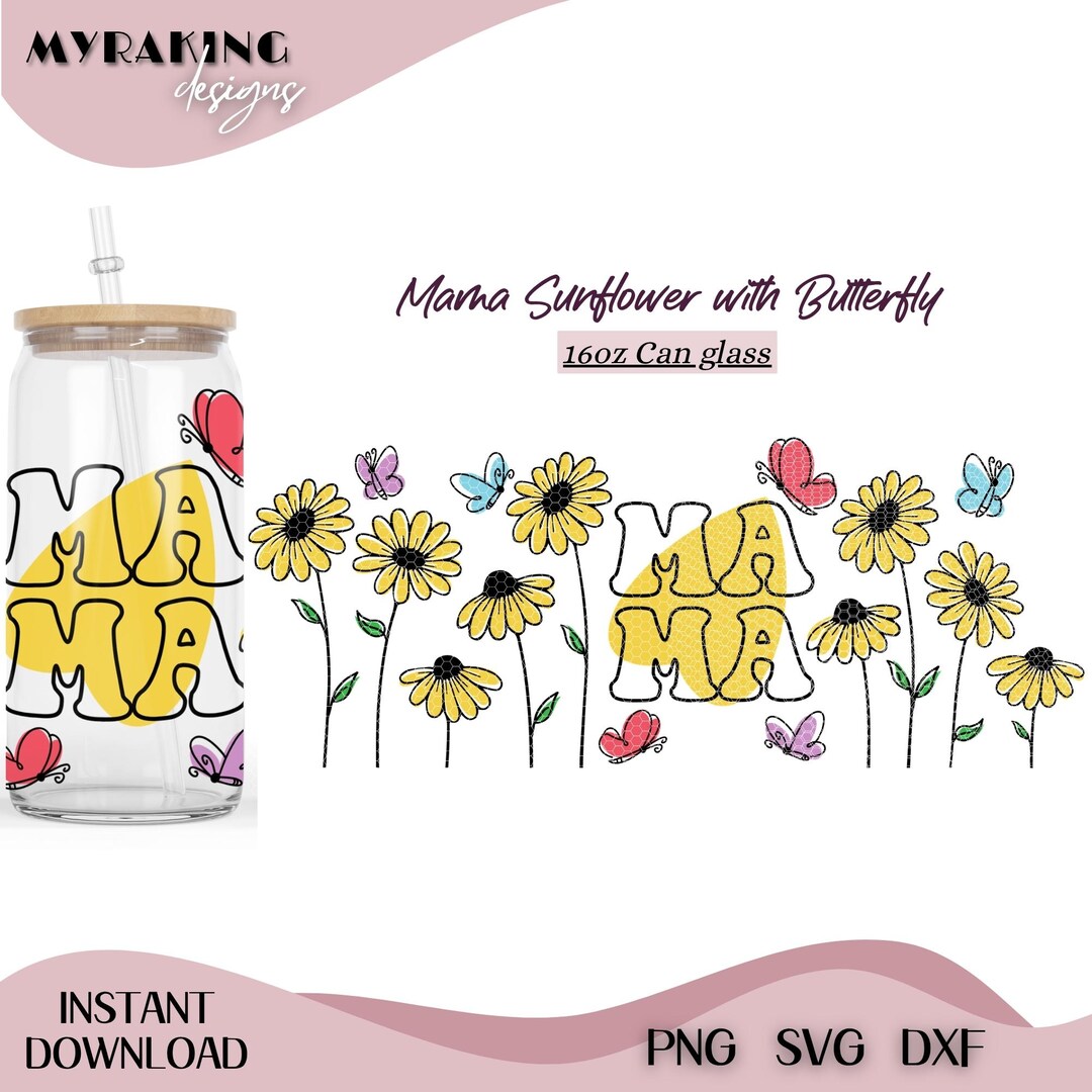 Sunflower Mama 16oz Glass Can Wrap SVG, PNG Retro Groovy Floral ...