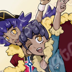 May include: Digital illustration of two cartoon characters with purple hair and yellow eyes. One character is wearing a blue jacket with a yellow fur collar and is making a peace sign. The other character is wearing a red jacket with a yellow fur collar.