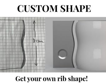 May include: Image showing a custom rib shape design. A hand-drawn sketch on graph paper is next to a 3D rendering of the shape. The text reads "CUSTOM SHAPE" and "Get your own rib shape!"