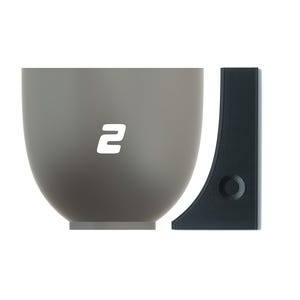 May include: A gray ceramic bowl with a white number "2" on the front. The bowl is next to a black plastic wall mount.