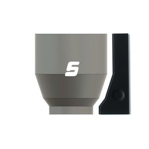 May include: A gray and black coffee cup with a white "S" logo. The cup is sitting next to a black stand with a round hole.