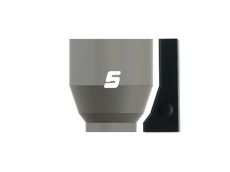 May include: A gray and black coffee cup with a white "S" logo. The cup is sitting next to a black stand with a round hole.