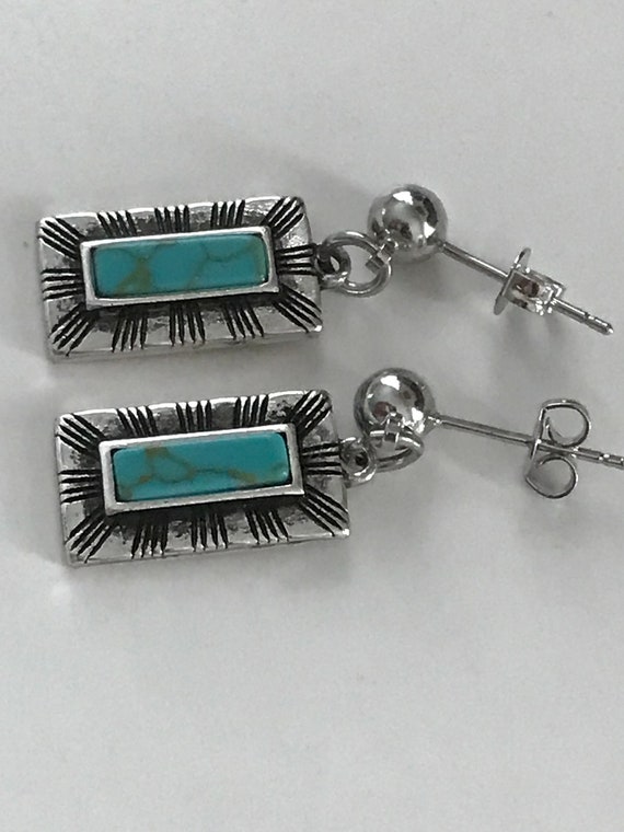 Western Trail Rectangle Turquoise Gem stone on Si… - image 4