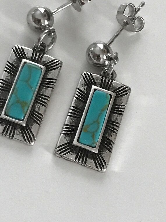 Western Trail Rectangle Turquoise Gem stone on Si… - image 3
